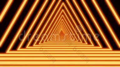 抽象的几何隧道霓虹灯三角形在黑色背景形成的彩色蔚蓝色窄交叉<strong>条</strong>纹。 3D